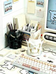 2pcs Personalized Fanged Skull Desktop Pen Holder 3D Printed Creative Decor Office Desk Stationery Storage Container - View 2