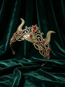1pc Demon Horn With Evil Eye Crown, Vintage Metal Rhinestone Headband, Women's Halloween Witch Cosplay Party Costume Hair Accessory - Golden Red - View 3
