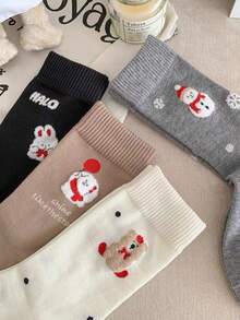4 Pairs Christmas Reindeer Vintage Women's Mid-Calf Socks, Warm And Comfortable, Christmas Party Theme, Randomly Shipped (No Gift Box) - Multicolor - View 11