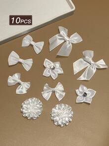10pcs Pure White Bow Ribbon Hair Clips With Diamonds, Shiny Bow Flower Star Shaped French Style Alligator Hair Clips, Suitable For Party/Daily Wear Women's Small Hair Clips, Women's Hair Accessories, Women's Hair Decoration, Gift Recommendation - White - View 8