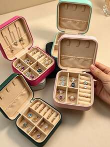 1pc PU Leather Jewelry Box, Large Capacity Jewelry Storage Box, Embroidered Letter Jewelry Organizer, Portable Travel Jewelry Storage Box, Suitable For Rings, Necklaces, Earrings, Etc., Travel Essential, Holiday Makeup Bag. - Multicolor - View 10