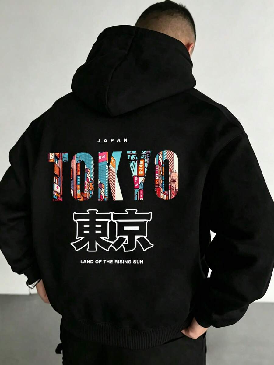 هودي رجالي كاجوال مقاس كبير بطبعة شعار "TOKYO" بالإنجليزية وعناصر طوكيو مع جيب، خريف/شتاء - الأسود - مشاهدة 1