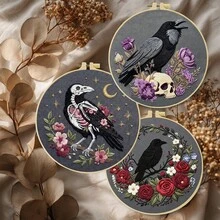 1/3pcs Embroidery Kit 15x15cm/5.9x5.9in - 20x20cm/7.9in Handmade DIY Cross Stitch Set, Gothic Dark Bird Pattern, Suitable For Adult Beginners, Includes Fabric, Instructions, Embroidery Hoop, Needle And Thread, Exquisite Gift, Home/Office Decor - Gothic Crow Design - View 8