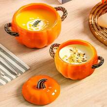 1pc Orange Pumpkin Shaped Ceramic Bowl With Lid, Double Twisted Handles, Heat-Resistant Stewing Bowl, Steamed Egg/Soup/Oatmeal Bowl, Home Kitchen Tableware - View 2