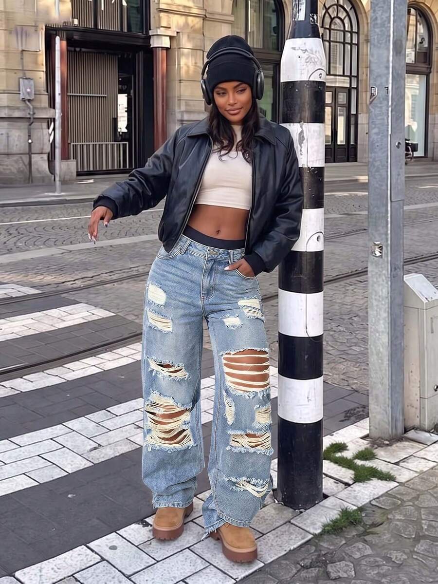 Rave Y2K Vintage High Waist Slant Pocket Distressed Straight Leg Jeans Casual Spring Fall