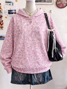1pc Girls Big Tween Girl Hooded Light Pink All-Over Leopard Print Sweatshirt, Sweet & Spicy Gentle Style, Loose Fit Casual Pullover Sweatshirt, Spring/Autumn - Pink - View 3