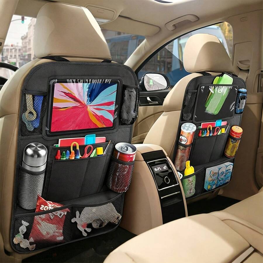 Car Seat Back Storage Organizer (With Mesh Pockets), Black Polyester Material - A - View 1