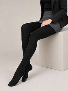 1pc Women's Black Lightweight Tights, High-Stretch Slim-Look Pantyhose For Fall, Winter, Business Office & Daily Wear - Black - View 6