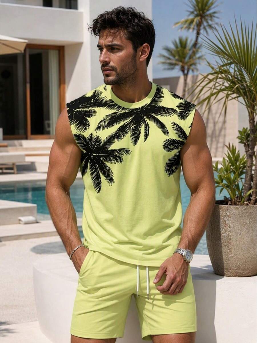 Men's Coconut Tree Pattern Sleeveless Tank Top Set, Men's Vacation Style Sleeveless Tank Top And Beach Shorts
