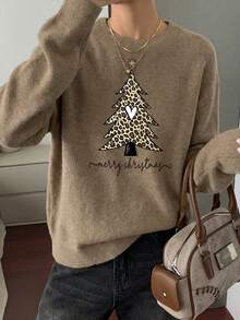 Women's Vintage Christmas Tree Print Long-Sleeve Crew-Neck Sweater With Leopard Print Trim – Christmas Winter Top - Earth Gray - View 5