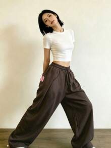 YCYC 韓系低飽和度寬腿休閒鬆弛百搭女款運動長褲 秋季 - 摩卡棕 - 查看 2