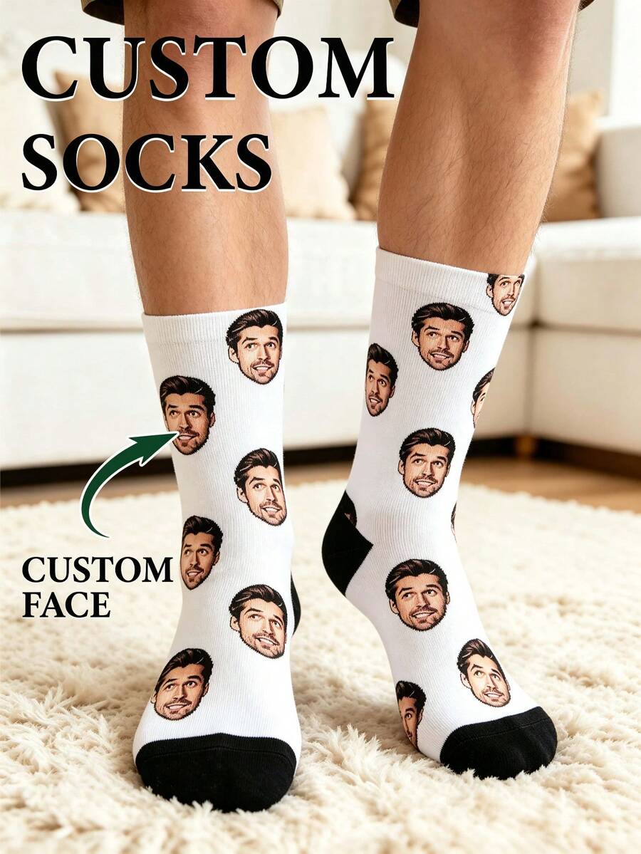 1 Pair Customized Personalized Face Printed Socks, Custom Photo Funny Socks For Anniversary Birthday Wedding Graduation Gifts - Multicolor - View 1