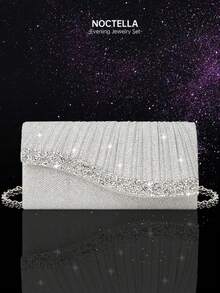 Noctella Sparkling Rhinestone Envelope Clutch Evening Bag, New Women's Shoulder Bag Party Bag, Paired With Sparkling Rhinestone Pendant Jewelry 2 Pieces Set, Luxury Rhinestone Pendant Necklace And Earrings, Matches Sequin Dress, Wedding Dress, Suitable For Party, Wedding, Gathering, Ball - Silver - View 2