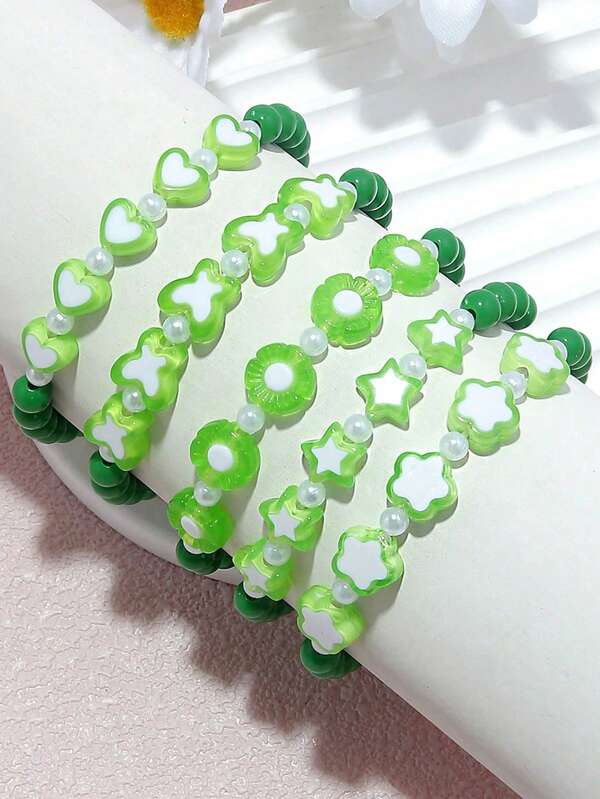 5Pcs Kids Jewelry Accessories For Girls, Green Heart Star Flower Beaded Bracelets, National Day Festive Gift Supplies