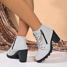 Women's Vintage High Heel Ankle Boots, Rhinestone Embellished Lace-Up Boots With Zipper Pendant Decor, Suitable For Trench Coat, Dress, Daily Commute Outfits - Grey - View 6