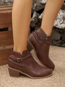 Women's Autumn/Winter New Vintage Western Style Woven Rope Buckle Ankle Boots, Chunky Heel Side Zipper Casual Ankle Boots - Brown - View 5