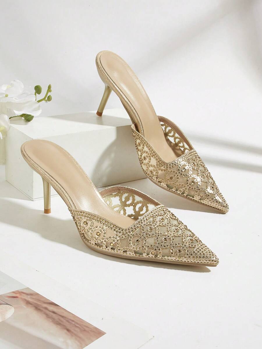 Women's Spring/Summer Fashion Hollow-Out Glitter Comfortable Elegant Elegant Mule High Heel Sandals Soft Pointed Toe Wine Glass Heel - Gold - View 1