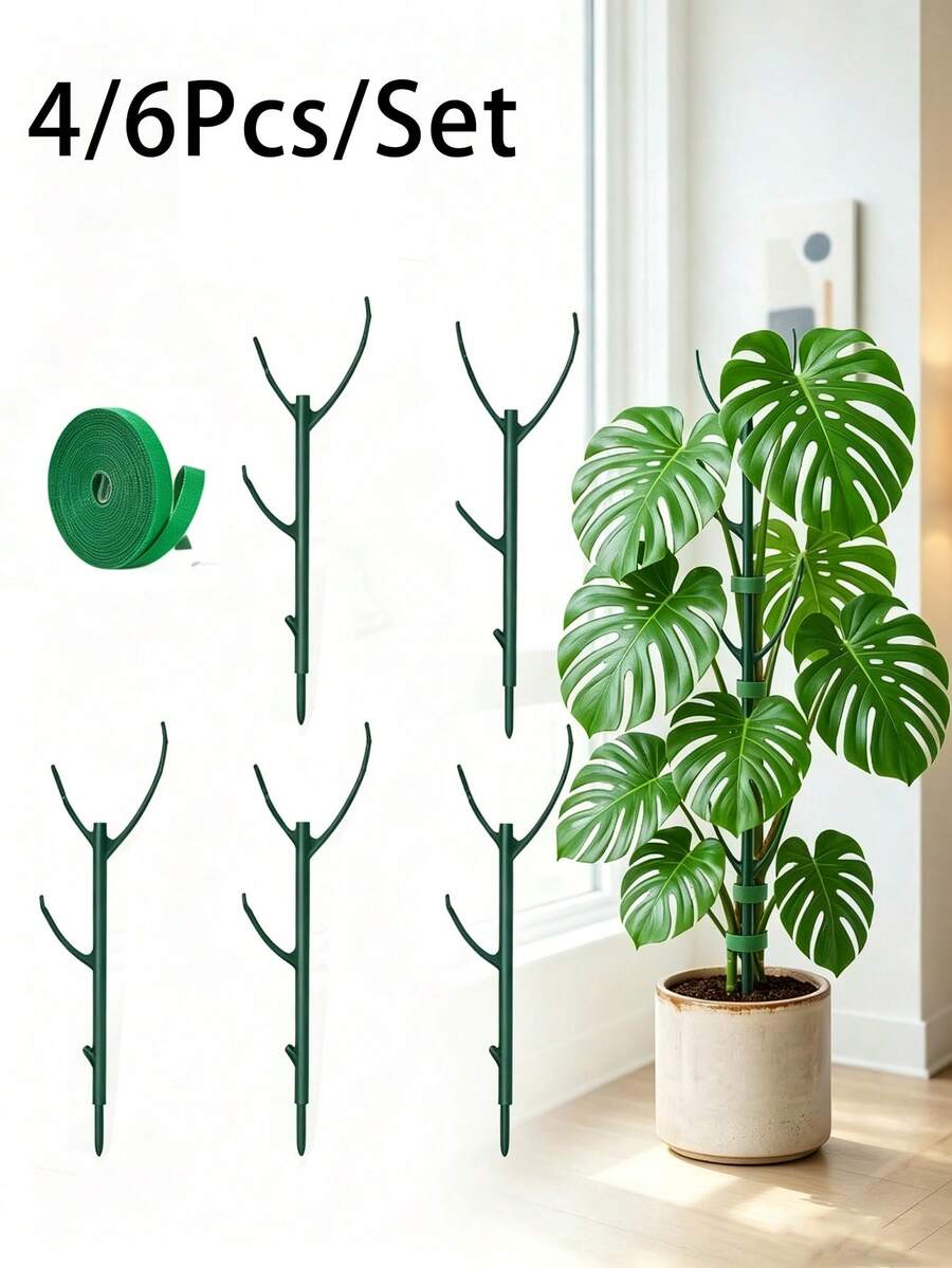 5/3Pcs Monstera Plant Support Stakes Set 5 Stakes + 1 Roll 1m Hook And Loop Stackable Tall Durable Vine Support For Climbing Plant Stem Outdoor Garden Patio Balcony Minimalist Nature Inspired Spring Gardening Gift - Multiple Styles - View 1
