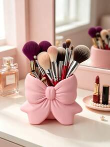 Cute Bow Shape Makeup Brush Holder, Ceramic Cosmetic Storage Organizer, Desktop Vanity Container For Brushes, Lipsticks, Beauty Supplies, Dresser Decor Accessory - Multicolor - View 12