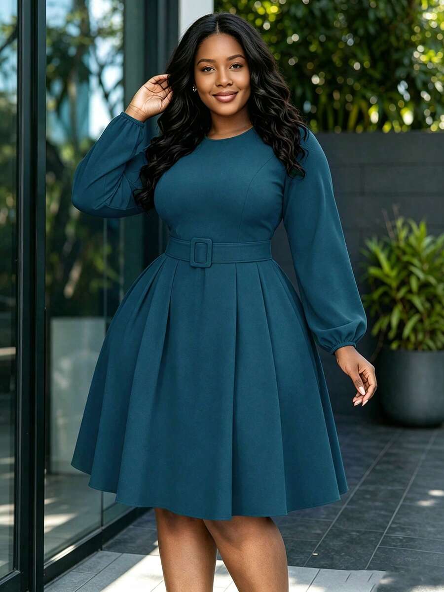 Women's Elegant Ruffle Hem Midi Dress With Belt, Round Neck, Pockets, Solid Color, Fabric Suitable For Elegant, Casual, Holiday, Wedding, Office, Autumn - Lake Blue - View 1