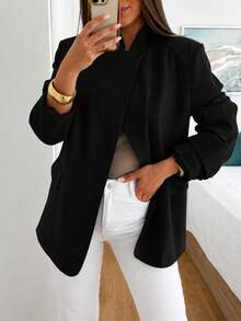 Women's Elegant Asymmetric Open Front Casual Blazer, Vintage Style, Suitable For Commuting And Office Wear, Black, Early Autumn/Spring - Black - View 7