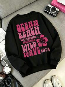 Pink Lily Flower Print On Both Sides, Soft And Breathable, Women's Plus Size Crew Neck Sweatshirt, Suitable For Autumn/Winter Wear - Black - View 3