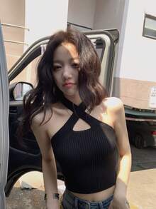 女款輕盈優雅V領細肩帶針織吊帶上衣，夏季黑色 - 黑色 - 查看 5