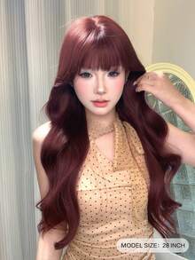 alicegarden 28-Inch Long Synthetic Wig Featuring A Natural Wavy Style In A A Stunning Burgundy. Designed With Bangs , This False Hairpiece Is Perfect For Ms Daily Party Cosplay Use, Offering A Natural And Natural Durable Wig Gift For Ladies. - Burgundy - View 2
