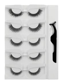 5 Pairs Self-Adhesive False Eyelashes, Pre-Glued Lightweight Strip Lashes, Use With Tweezers, Natural Voluminous Non-Exaggerated Curly Lightweight False Eyelashes, Suitable For Beginners, Press-On False Eyelashes, Faux Mink Fur Natural Effect, Reusable, Comfortable And Waterproof - Black - View 3