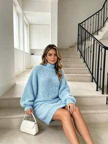Women's High Neck Solid Color Lantern Sleeve Loose Knit Dress, French Elegant Style, Soft And Comfortable For Autumn/Winter, 2026 Fashion New Arrival - Baby Blue - View 7