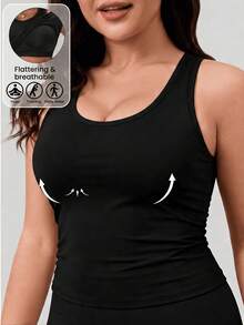 1pc Plus Size 2-In-1 Tank Top With Built-In Cup Pads, Racerback Camisole Undershirt, Casual Spaghetti Strap Tank Top For Women, Spring Summer Autumn Winter - Black - View 6