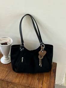 1pc Minimalist Vintage Solid Color Large Capacity Shoulder Bag Casual Lightweight Daily Tote Bag (Without Pendant) - Multicolor - View 9