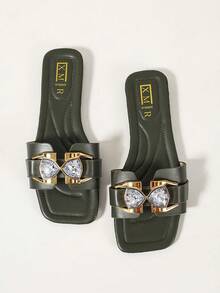 Ximi Ruo Women's Spring/Summer New Fashion Casual One-Strap Flat Slide Sandals, Comfortable Round Toe Low Heel Beach Slippers, Minimalist Versatile Outdoor Wear Sandals For Women - Dark Green - View 8