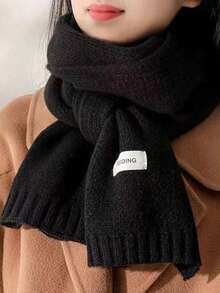 1pc Unisex Solid Color Knitted Warm Scarf, Soft Comfortable Label Decor Rectangular Scarf With Ribbed Hem, Casual Minimalist Autumn/Winter Daily Outdoor Wear - Multicolor - View 2