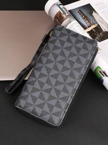 HOVI'S Men's 2-Piece Checkered Credit Card Holder Set - Textured Faux Leather Zipper Clutch Wallet With Wrist Strap & Phone Storage + Organizer Card Holder - Black - View 2
