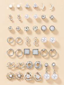 20 Pairs Women's Fashion Stud Earrings Set, Moon Snowflake Square Round Geometric Heart Faux Pearl Rhinestone Multi-Element Combination Earrings, Suitable For Casual Daily Wear, Vacation, Exquisite Jewelry, Holiday Gift - Silver - View 1