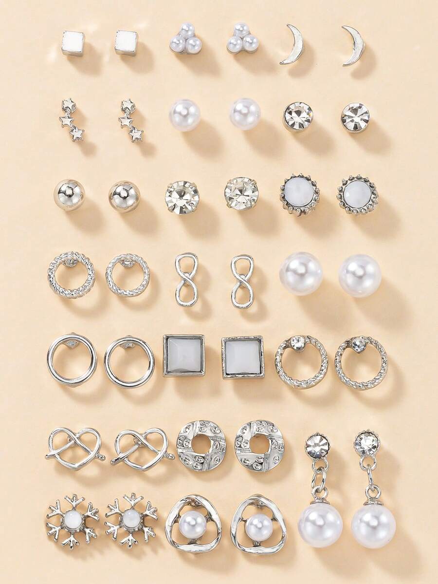 20 Pairs Women's Fashion Stud Earrings Set, Moon Snowflake Square Round Geometric Heart Faux Pearl Rhinestone Multi-Element Combination Earrings, Suitable For Casual Daily Wear, Vacation, Exquisite Jewelry, Holiday Gift - Silver - View 1