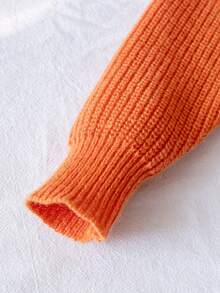 Girls' Orange Round Neck Long Sleeve Knitted Sweater, Halloween Ghost & Pumpkin Embroidered Pattern, Sweet Cute Casual Versatile Pullover, Suitable For Holiday Party, Daily Wear, Spring, Autumn, Winter - Orange - View 5