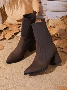 Women's Brown Pointed Toe Chunky Heel Knit Patchwork Sock Boots, Fashionable Elastic Slim Fit Boots For Vacation Season - Coffee Brown - View 4