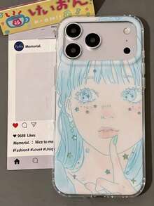 多巴胺配色可愛大眼女孩卡通IMD手機殼，相容 Phone 17 Pro Max、17 Pro、17、16 Pro Max、16 Pro、16、15 Pro Max、15 Pro、14 Pro Max、14 Pro、14、13 Pro Max、13 Pro、13、12 Pro Max、11，手機保護殼 - 淺藍色 - 查看 2
