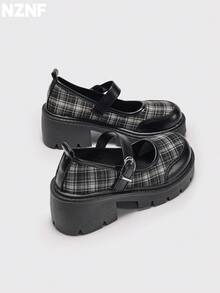 NZNF 1 Pair Houndstooth Preppy Style PU Leather Buckle Wedge Thick Sole Loafers For Women, Office Wear, All Seasons - Black - View 7