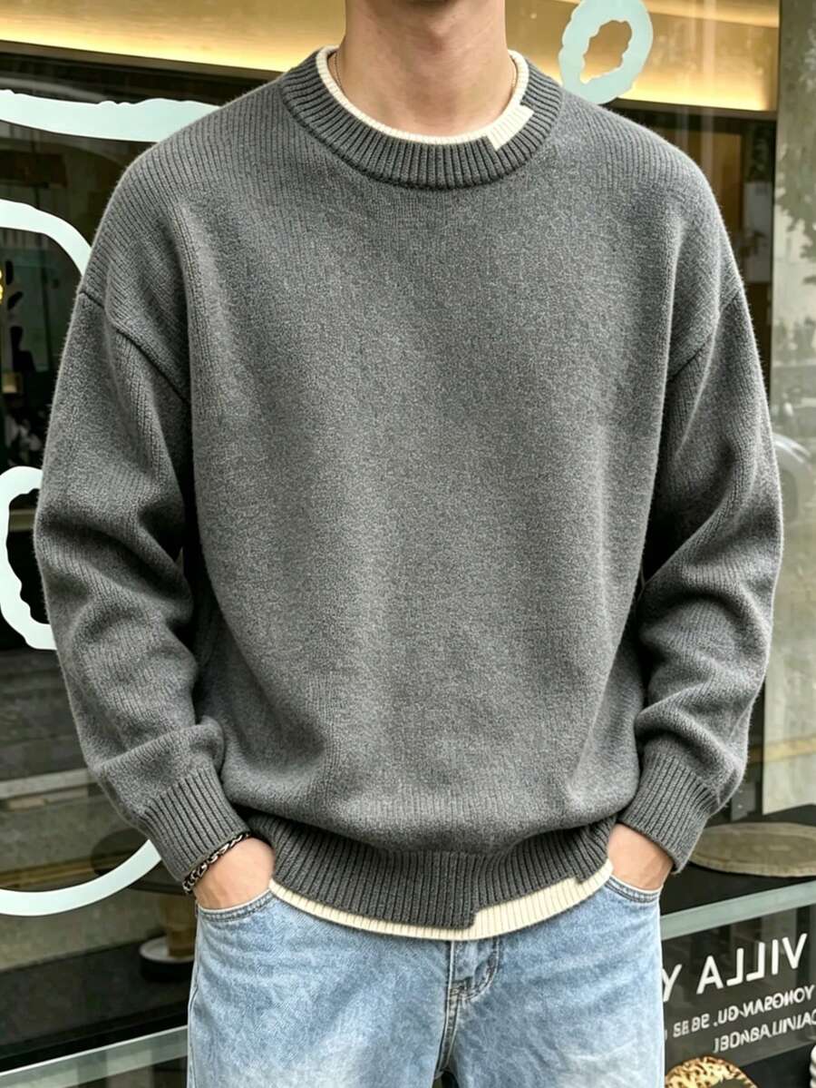 男士秋冬長袖純色 2 合 1 毛衣，休閒商務百搭通勤款 - 灰色 - 查看 1