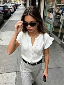 Bohemian Style Women's White Short Sleeve Knit Cardigan, Ruffle Sleeve And Button Detail, Slimming Knit Top For Autumn Layering Summer - White - View 10