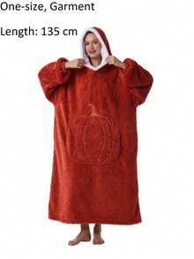 Hooded Pumpkin Wearable Blanket Bathrobe, Suitable For Cold Weather, Multiple Colors Available: Beige, Light Gray, Navy Blue, Orange Red, Pumpkin Embossed Pattern, Heavyweight Thickened Flannel Lining With Lamb Fleece, Long Pile Texture - Multicolor - View 11