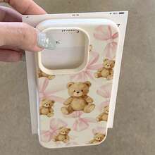 1pc TPU Material Pink Bow Bear Pattern Phone Case Compatible With IPhone 17 Pro Max/17/16 Pro Max/15/13/12/11/ S20 FE/A15/S24/A55/ Note 11/Note 12/Note 13 Pro Full Coverage Anti-Drop Soft Shell Phone Protective Cover - White - View 3