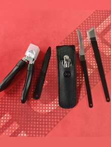 Professional Black Stainless Steel Nail Care Set 5pcs, Suitable For Thick & Hard Nails, Includes Nail File, Cuticle Clipper, Cuticle Pusher, Unisex, Suitable For All Ages, Classic Black Handle, Ideal Gift - Multicolor - View 6