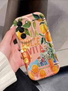 1pc Creamy Wavy Ins Shockproof Anti-Drop Protective Phone Case, Vintage Mediterranean Town Phone Shell Orange Fruit Wine Glass LADOLCEVITA Letter Print Wavy Edge Soft TPU Protective Phone Case, Compatible With Android Devices Anti-Drop Protective Shell Compatible With Samsung, Series Phones - White - View 4