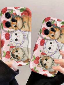 1 buah Casing Ponsel Pelindung Anti Benturan Anti Jatuh dengan Tepi Bergelombang Warna Krem, Casing Ponsel Kartun Kucing Lucu dengan Latar Belakang Merah Muda, Anak Kucing Mengenakan Jilbab, Motif Buah Stroberi, Casing Ponsel Pelindung TPU Lembut, Kompatibel dengan Perangkat Android, Ponsel Seri - Putih - View 3