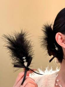 2pcs Women's Bow-Shaped Rhinestone Feather Hair Clips, New Style Side Hair Clips , Hair Accessories, Headwear - Multicolor - View 4