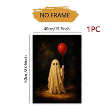 1PC Unframed Vintage Halloween Art Print, Cute Tattered Ghost Holding Red Balloon Dark Moody Background Wall Poster, Halloween Decor Fall Decor Wall Decor Home Decor, Whimsical Spooky Wall Decoration Gift For Halloween Season - Abstract - View 9